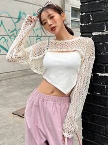 DAZY 1入組鏤空落肩袖短款上衣不附吊帶上衣 - 米色 - 查看 8