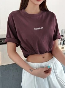 DAZY 字母图案落肩T恤夏季学院风上衣 - 酒紅色 - 查看 2