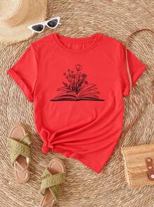 SHEIN Essnce 印花T恤 - 紅色 - 查看 1