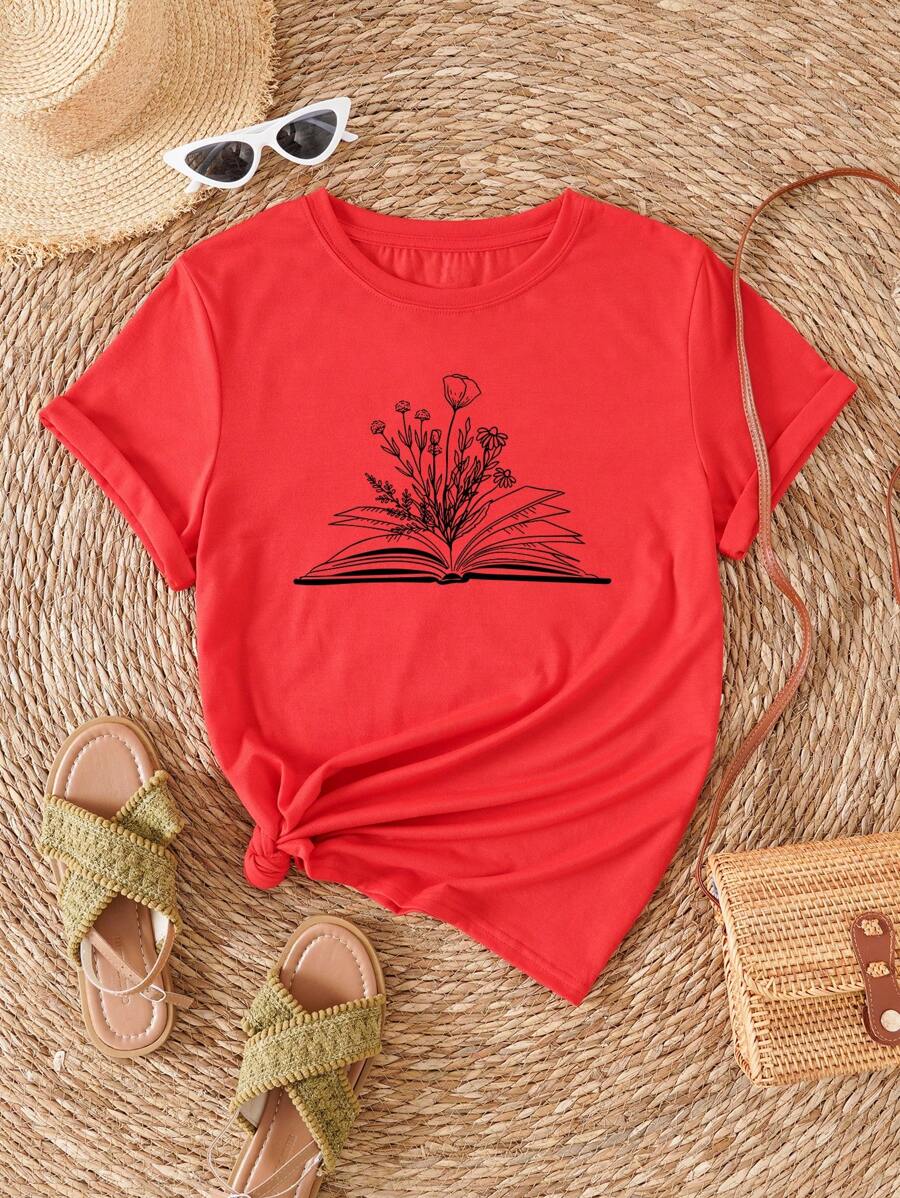 SHEIN Essnce 印花T恤 - 紅色 - 查看 1