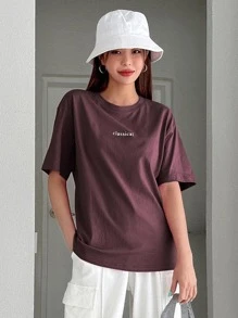 DAZY 字母图案落肩T恤夏季学院风上衣 - 酒紅色 - 查看 3