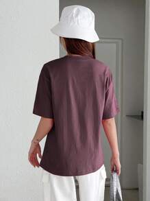 DAZY 字母图案落肩T恤夏季学院风上衣 - 酒紅色 - 查看 4