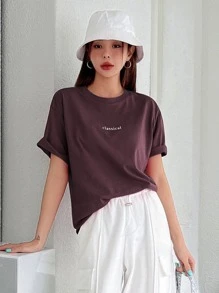 DAZY 字母图案落肩T恤夏季学院风上衣 - 酒紅色 - 查看 5