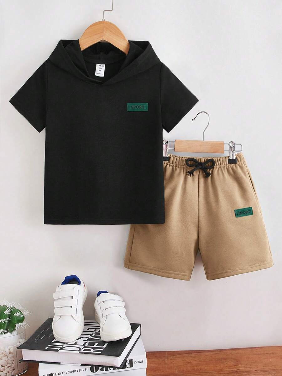 SHEIN Toddler Boys Letter Patched Hooded Tee & Drawstring Waist Shorts - Khaki - View 1