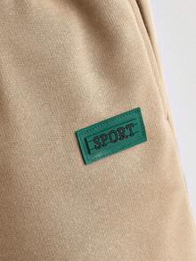 SHEIN Toddler Boys Letter Patched Hooded Tee & Drawstring Waist Shorts - Khaki - View 4