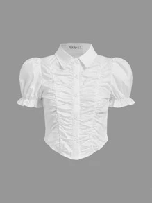 SHEIN 青少年女孩前收褶泡泡袖襯衫 - 白色 - 查看 1