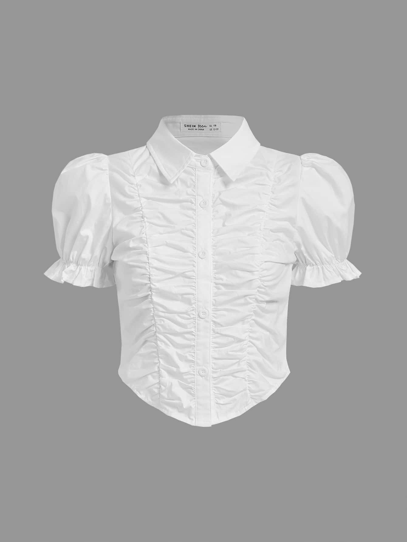 SHEIN 青少年女孩前收褶泡泡袖襯衫 - 白色 - 查看 1