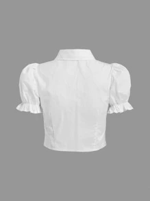 SHEIN 青少年女孩前收褶泡泡袖襯衫 - 白色 - 查看 2