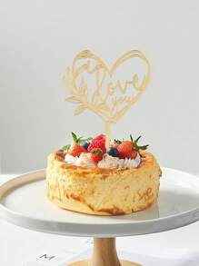 1pc Heart Shaped Letter & Leaf Pattern Cake Topper - Gold - View 1