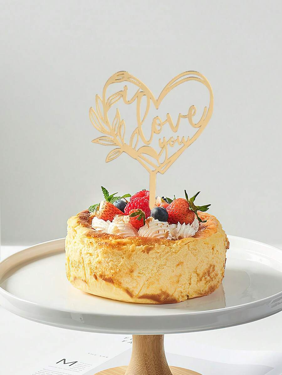 1pc Heart Shaped Letter & Leaf Pattern Cake Topper - Gold - View 1