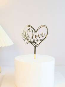 1pc Heart Shaped Letter & Leaf Pattern Cake Topper - Gold - View 2