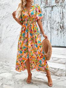 SHEIN VCAY 滿版印花蝴蝶袖圍裹下擺繫腰帶連衣裙 - 彩色 - 查看 5