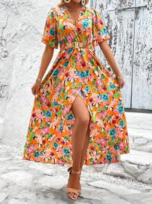 SHEIN VCAY 滿版印花蝴蝶袖圍裹下擺繫腰帶連衣裙 - 彩色 - 查看 6