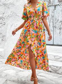 SHEIN VCAY 滿版印花蝴蝶袖圍裹下擺繫腰帶連衣裙 - 彩色 - 查看 1