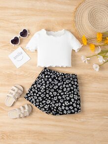 SHEIN Đứa bé gái 2 cái/bộ Vòng cổ Ngắn tay Áo thun Và Eo đàn hồi Quần short , Thích hợp Cho mùa xuân Và Mùa hè - Đen và trắng - Xem 1