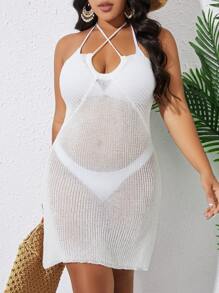 Plus Criss Cross Halter Neck Backless Cover Up Dress Without Bikini Set - White - View 3