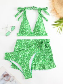 Ditsy Floral Tie Shoulder Bikini Set With Beach Skirt - Green - View 3