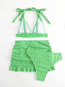 Ditsy Floral Tie Shoulder Bikini Set With Beach Skirt - Green - View 4