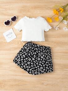 SHEIN Đứa bé gái 2 cái/bộ Vòng cổ Ngắn tay Áo thun Và Eo đàn hồi Quần short , Thích hợp Cho mùa xuân Và Mùa hè - Đen và trắng - Xem 2