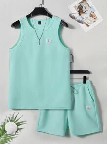 Manfinity RebelGame Men Letter Patched Detail Tank Top & Drawstring Waist Shorts - Mint Blue - View 1