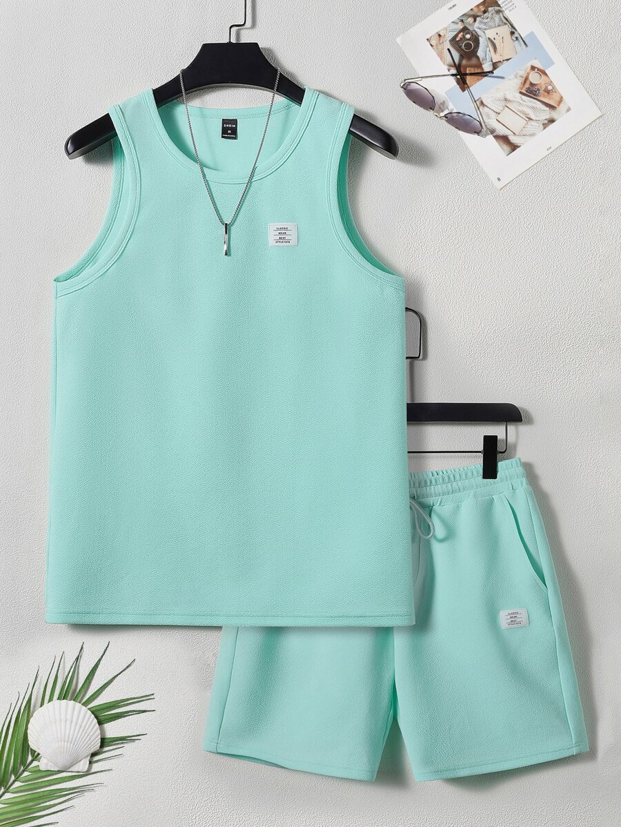 Manfinity RebelGame Men Letter Patched Detail Tank Top & Drawstring Waist Shorts - Mint Blue - View 1