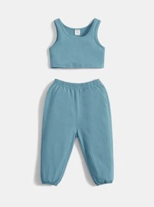 SHEIN Cotton Baby Boy Solid Tank Top & Joggers - Blue - View 1