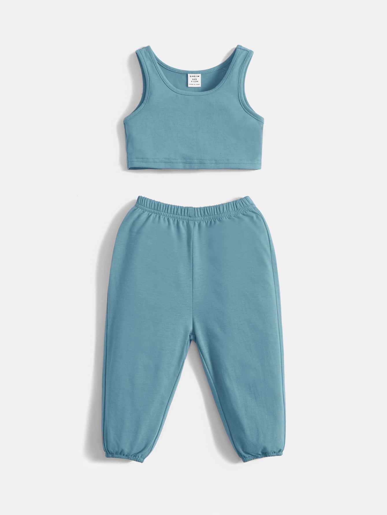 SHEIN Cotton Baby Boy Solid Tank Top & Joggers - Blue - View 1