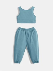 SHEIN Cotton Baby Boy Solid Tank Top & Joggers - Blue - View 2