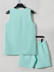 Manfinity RebelGame Men Letter Patched Detail Tank Top & Drawstring Waist Shorts - Mint Blue - View 2