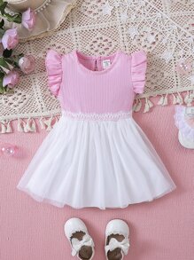 SHEIN Bebé Vestido ribete con fruncido bajo con malla - Multicolor - Ver 1