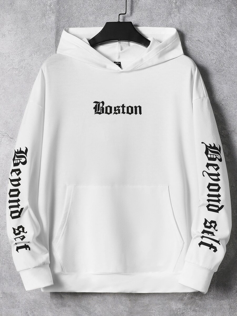 Manfinity RebelGame Oversized Men's Letter Graphic Kangaroo Pocket Hoodie - White - View 1