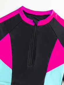 SHEIN Swim Color Block Zip Front Rashguard With Long Sleeve Swim Shirt,Summer Beach