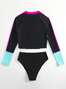 SHEIN Swim Color Block Zip Front Rashguard With Long Sleeve Swim Shirt,Summer Beach
