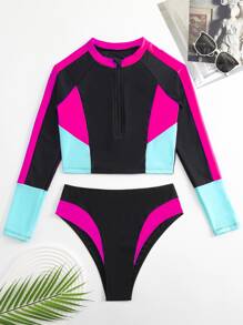 SHEIN Swim Color Block Zip Front Rashguard With Long Sleeve Swim Shirt,Summer Beach