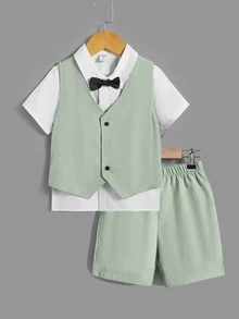 SHEIN 小男童前蝴蝶結襯衫和馬甲和短褲