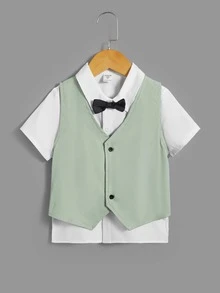 SHEIN 小男童前蝴蝶結襯衫和馬甲和短褲