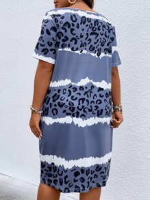 SHEIN LUNE Vestido de manga corta con cuello en V y estampado de leopardo para tallas grandes, ideal para el verano