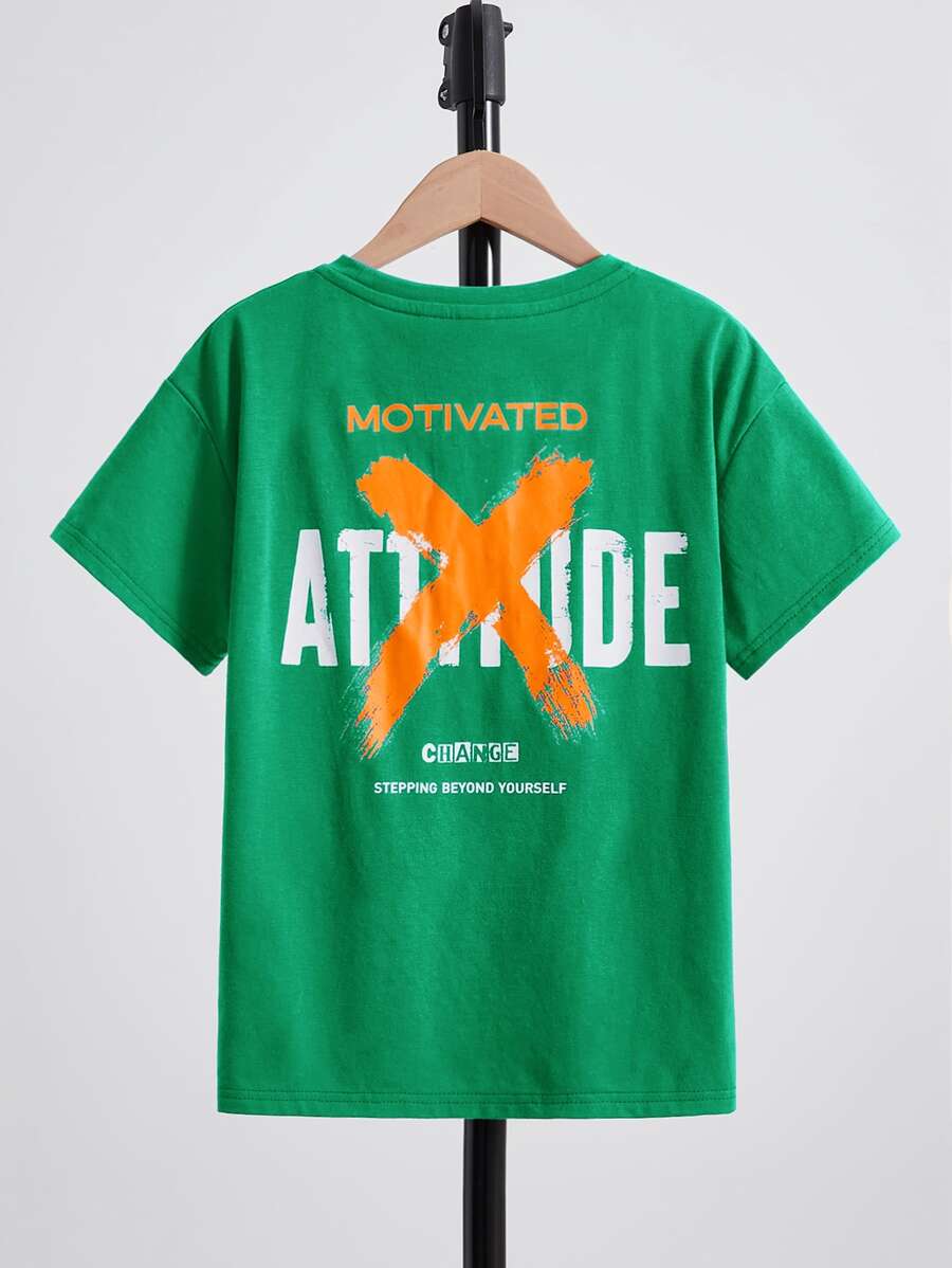 SHEIN Boys Slogan Graphic Drop Shoulder Tee - Green - View 1