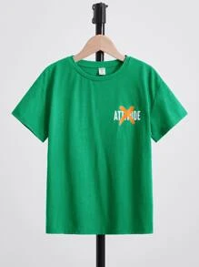 SHEIN Boys Slogan Graphic Drop Shoulder Tee - Green - View 2
