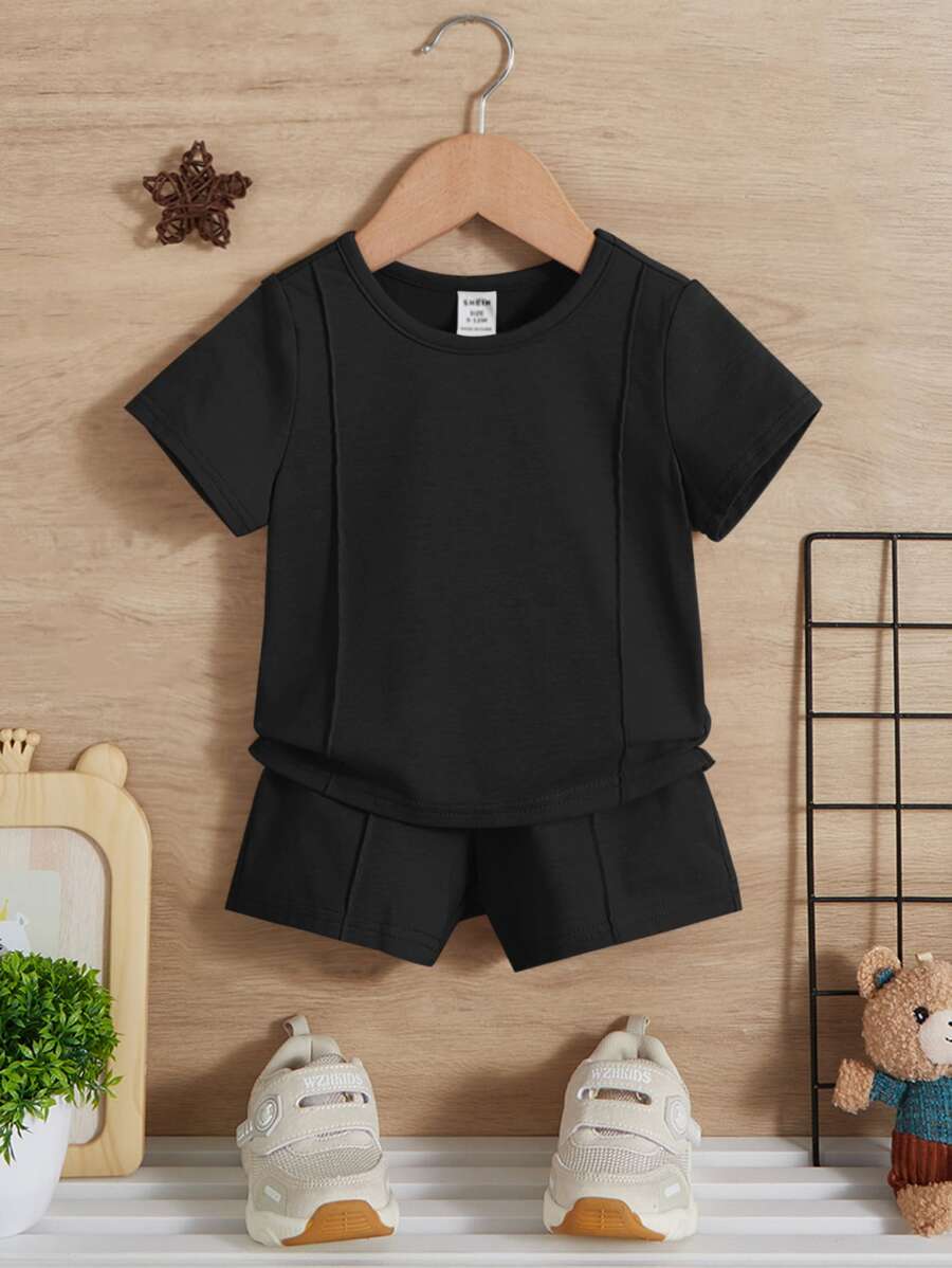 Baby Boy Solid Color T-Shirt And Seam Detail Shorts Casual Minimalist Set, Suitable For Summer