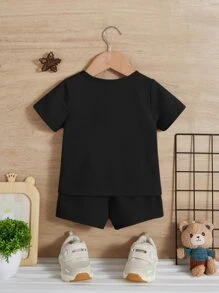 Baby Boy Solid Color T-Shirt And Seam Detail Shorts Casual Minimalist Set, Suitable For Summer - Black - View 3