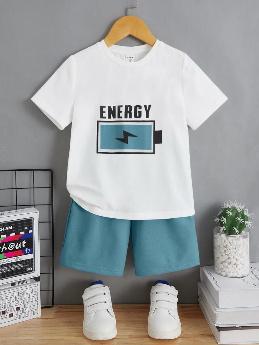 SHEIN Toddler Boys Letter Graphic Tee & Shorts - Cadet Blue - View 1