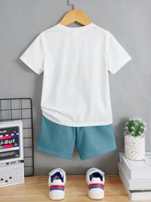 SHEIN Toddler Boys Letter Graphic Tee & Shorts - Cadet Blue - View 2