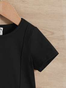 Baby Boy Solid Color T-Shirt And Seam Detail Shorts Casual Minimalist Set, Suitable For Summer - Black - View 5