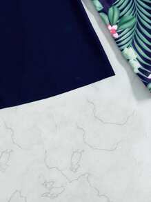 Swim SPRTY Tropical Print Raglan Sleeve High Neck Rashguard With Long Sleeve Swim Shirt,Summer Beach - Navy Blue - View 5