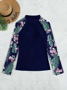 Swim SPRTY Tropical Print Raglan Sleeve High Neck Rashguard With Long Sleeve Swim Shirt,Summer Beach - Navy Blue - View 6