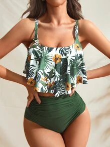 Swim Lushoire Summer Beach Tropical Print Ruched High Waisted Tankini