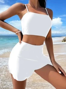 SHEIN Swim Bottom de bikini unicolor de talle alto - Blanco - Ver 3