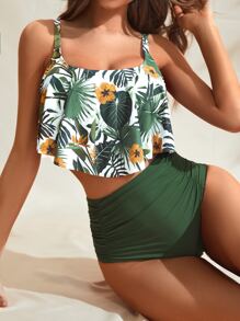 Swim Lushoire Summer Beach Tropical Print Ruched High Waisted Tankini