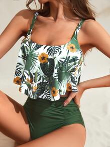 Swim Lushoire Summer Beach Tropical Print Ruched High Waisted Tankini